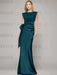 Sleeveless satin sheath gown with a ruched bow sash in deep teal