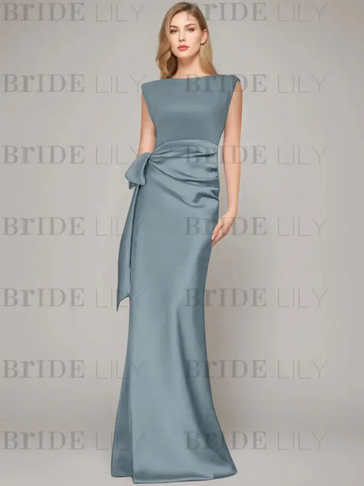 Sleeveless satin sheath gown with a ruched bow sash in dusty teal
