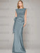 Sleeveless satin sheath gown with a ruched bow sash in dusty teal