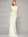 Sleeveless satin sheath gown with a ruched bow sash in ivory