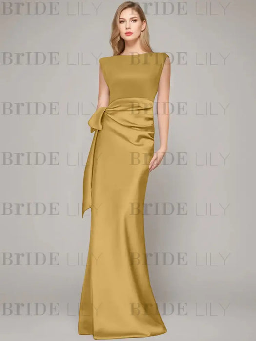Sleeveless satin sheath gown with a ruched bow sash in mustard gold