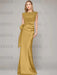 Sleeveless satin sheath gown with a ruched bow sash in mustard gold