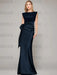 Sleeveless satin sheath gown with a ruched bow sash in navy