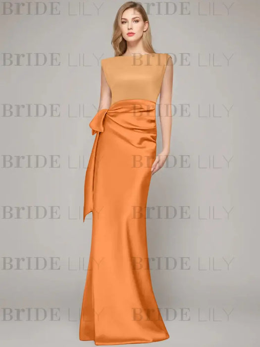 Orange sleeveless satin mother of the bride gown with ruched bow sash