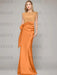 Orange sleeveless satin mother of the bride gown with ruched bow sash