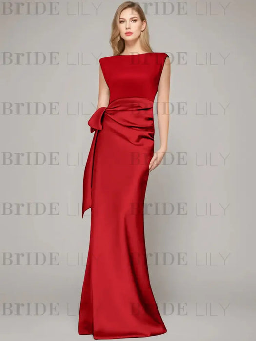 Red sleeveless satin mother of the bride gown with ruched bow sash