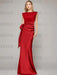 Red sleeveless satin mother of the bride gown with ruched bow sash