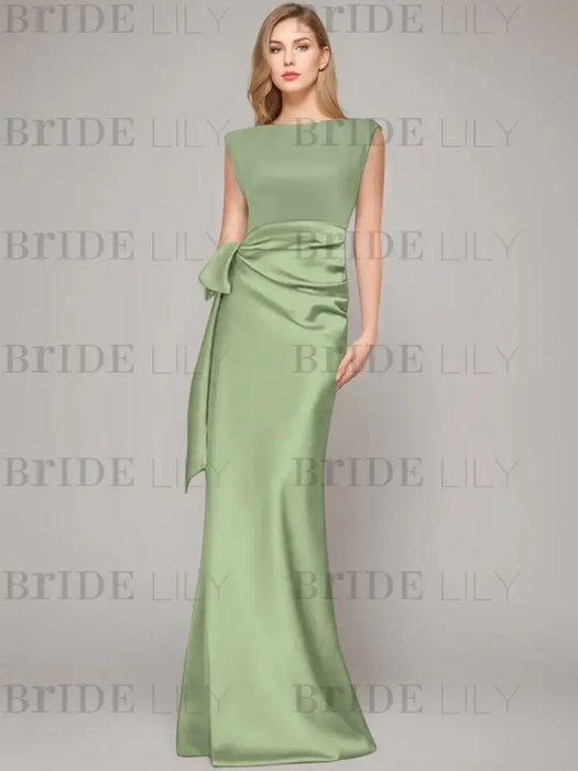 Sage sleeveless satin mother of the bride gown with ruched bow sash