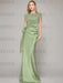 Sage sleeveless satin mother of the bride gown with ruched bow sash