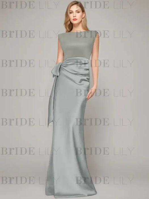 Silver sleeveless satin mother of the bride gown with ruched bow sash