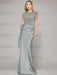 Silver sleeveless satin mother of the bride gown with ruched bow sash