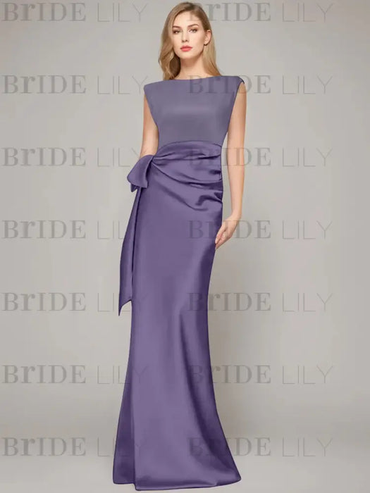Tahiti sleeveless satin mother of the bride gown with ruched bow sash