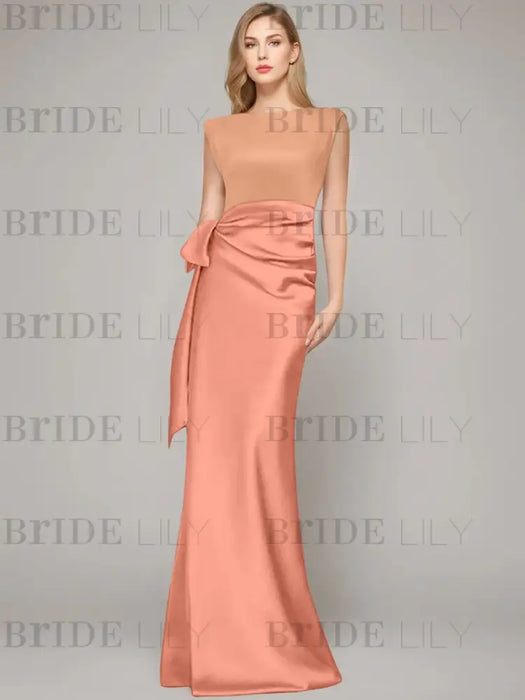 Sleeveless satin sheath gown with a tan bodice and coral satin skirt