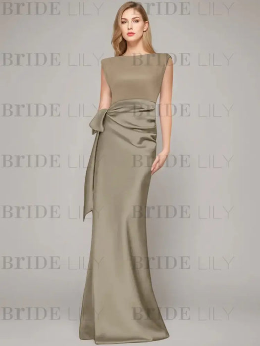 Taupe sleeveless satin mother of the bride gown with ruched bow sash