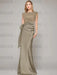 Taupe sleeveless satin mother of the bride gown with ruched bow sash
