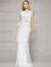White sleeveless satin mother of the bride gown with ruched bow sash