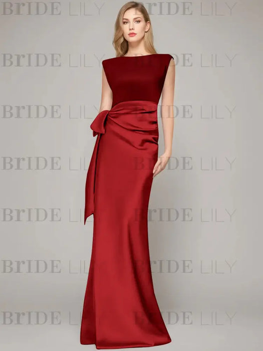 Wine Red sleeveless satin mother of the bride gown with ruched bow sash