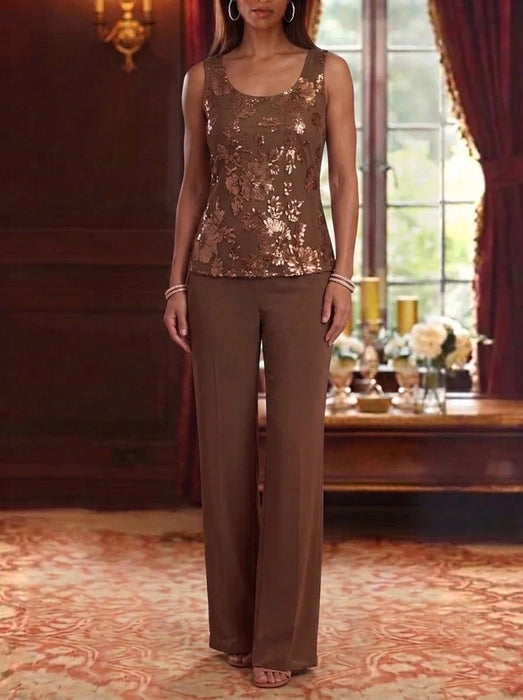 Sleeveless sequin floral top with straight-leg trousers in brown
