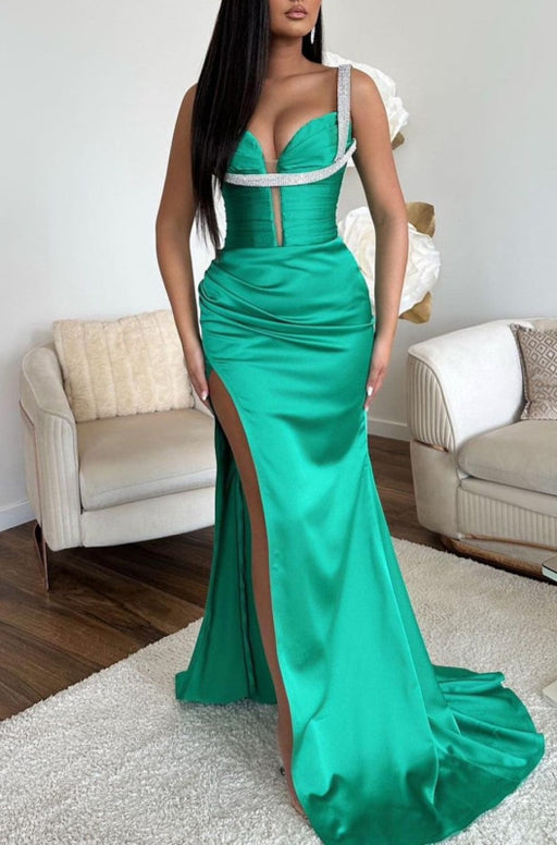 Sleeveless Spaghetti Strap Mermaid Prom Dress with High Slit V Neck in Jade
