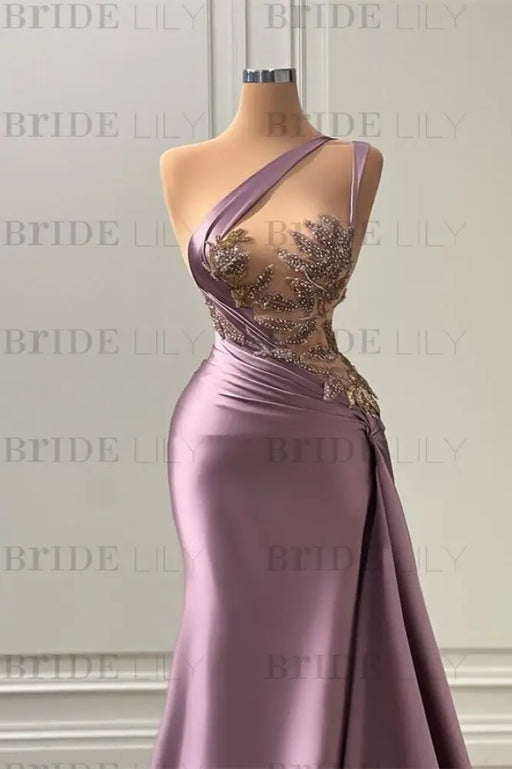 Sleeveless Strapless Purple Long Prom Dress with Pleated Beadings