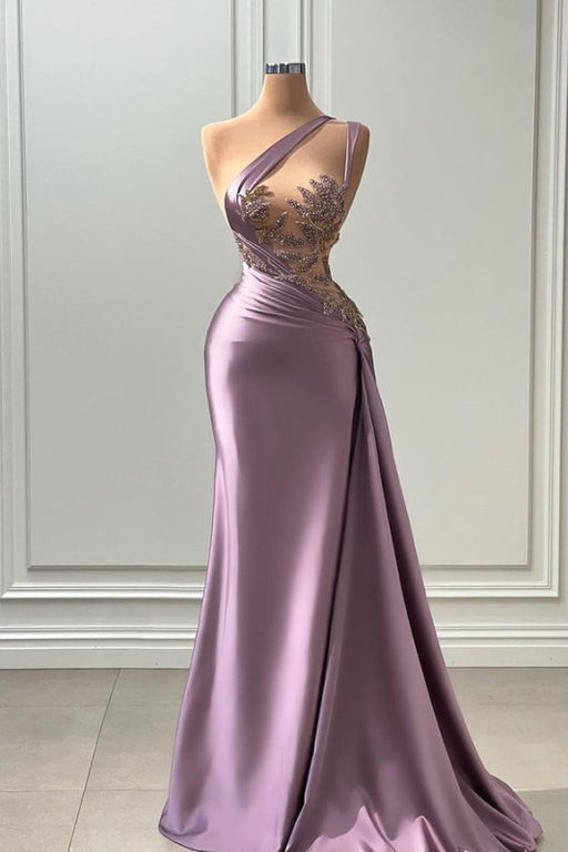 Sleeveless Strapless Purple Long Prom Dress with Pleated Beadings