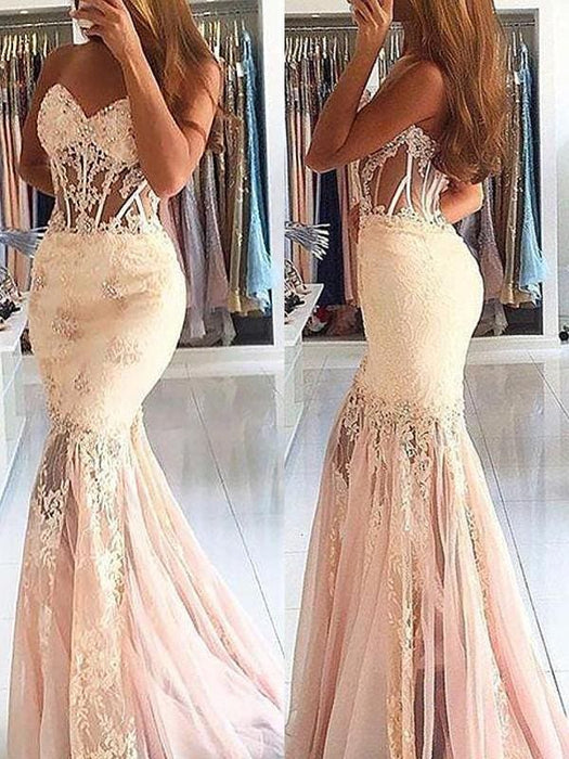 Sleeveless Sweetheart Tulle With Lace Sweep/Brush Train Dresses - Prom Dresses