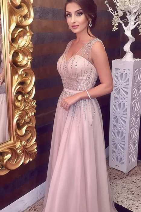 Sleeveless V-Neck A-line Evening Dress With Beading Chiffon Dresses