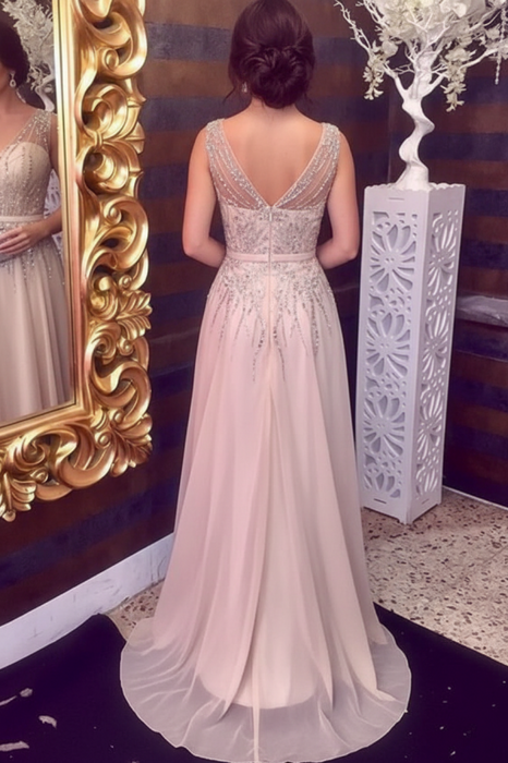Sleeveless V-Neck A-line Evening Dress With Beading Chiffon Dresses