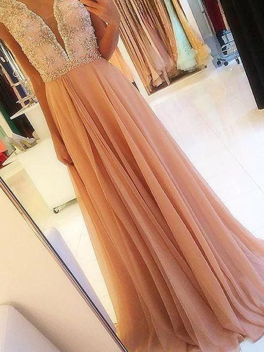 Sleeveless V-Neck Chiffon With Beading Sweep/Brush Train Dresses - Prom Dresses