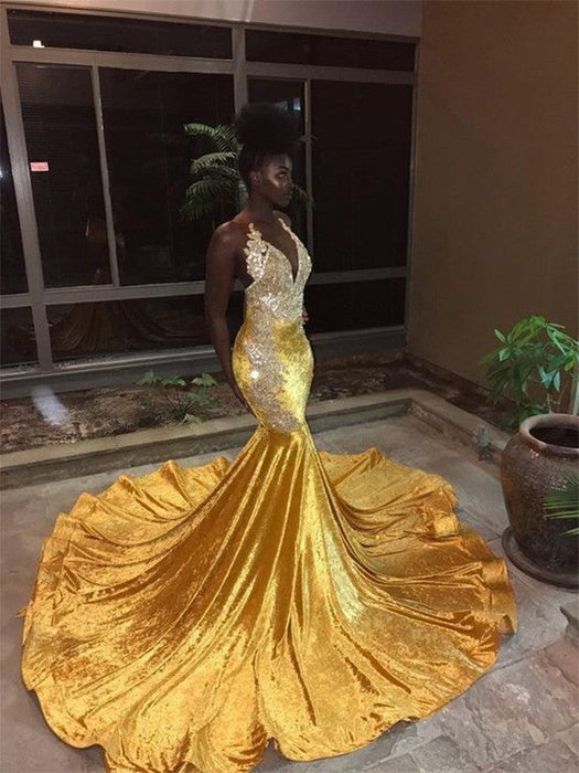 Court Train Lace Velvet Trumpet/Mermaid Prom Dresses-Bridelily Court Train Lace Velvet Trumpet/Mermaid Prom Dresses-Bridelily