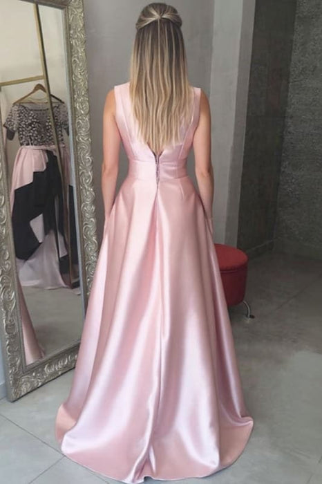 Sleeveless V-Neck Floor-Length A-line Ruffles Satin Dresses - Prom Dresses