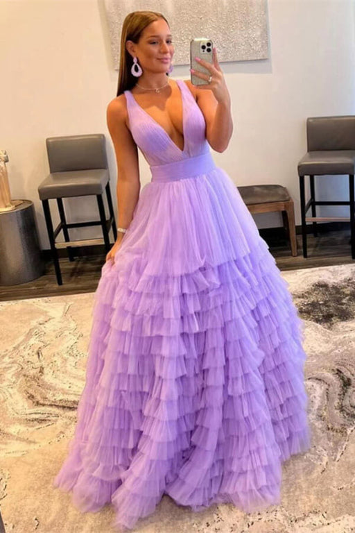 Sleeveless V-Neck Prom Dress with Ethereal Tulle Layers