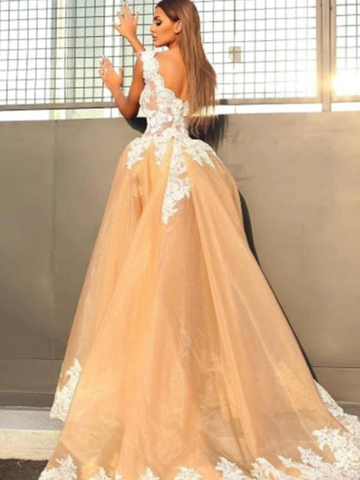 Sleeveless V-Neck Sweep/Brush A-line Train Lace Organza Dresses - Prom Dresses