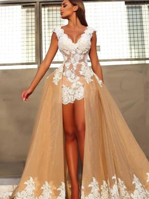 Sleeveless V-Neck Sweep/Brush A-line Train Lace Organza Dresses - Prom Dresses