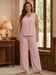 Sleeveless V-neck chiffon top with wide-leg trousers in blush pink