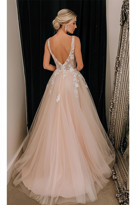 Sleeveless V-Neck Tulle Aline Evening Dress Lace Appliques