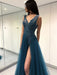 A-Line/Princess Sleeveless V-neck Floor-Length Applique Tulle Dresses - Prom Dresses