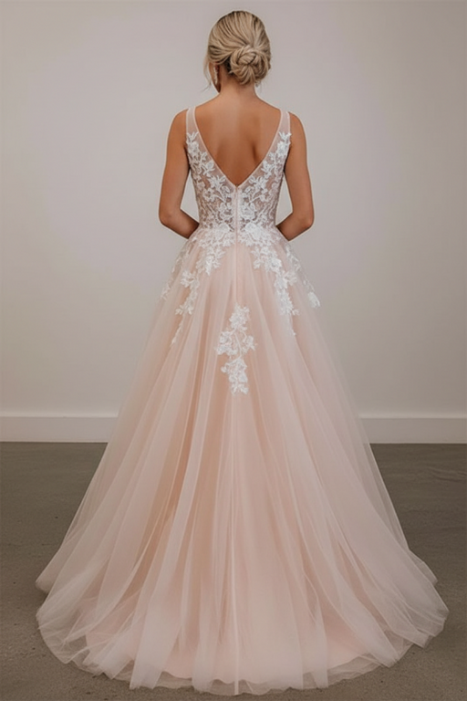 Sleeveless V-Neck Tulle Aline Evening Gown with Lace Appliques