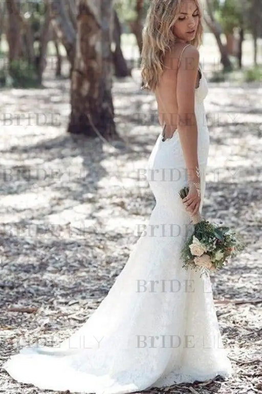 Spaghetti Strap Lace Beach Backless V Neck Sweep Train Long Wedding Dress - Wedding Dresses
