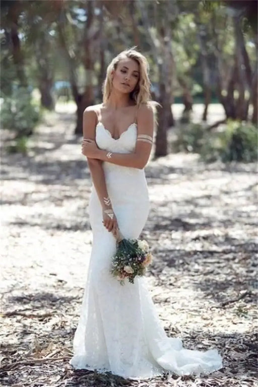 Spaghetti Strap Lace Beach Backless V Neck Sweep Train Long Wedding Dress - Wedding Dresses