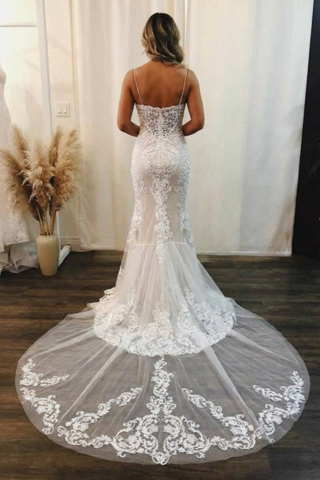 Spaghetti Strap Mermaid Lace Applique Long Train Wedding Dress