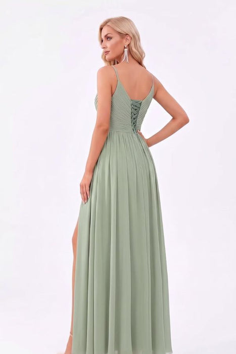 Spaghetti Strap V-Neck Chiffon Bridesmaid Dress with Slit