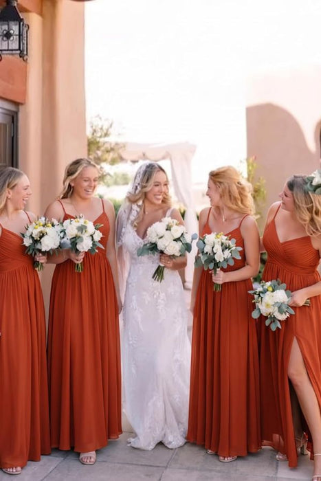 Spaghetti Strap V-Neck Chiffon Bridesmaid Dress with Slit