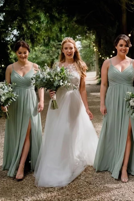 Spaghetti Strap V-Neck Chiffon Bridesmaid Dress with Slit