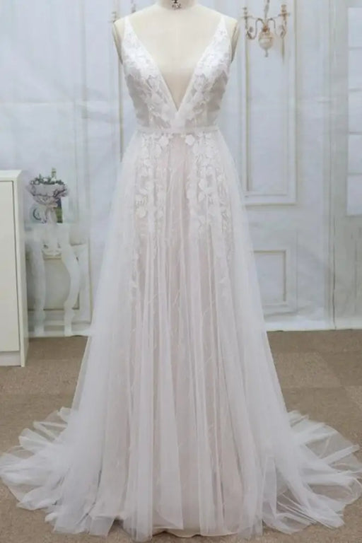Spaghetti Strap V-neck Lace Tulle Wedding Dress - Wedding Dresses