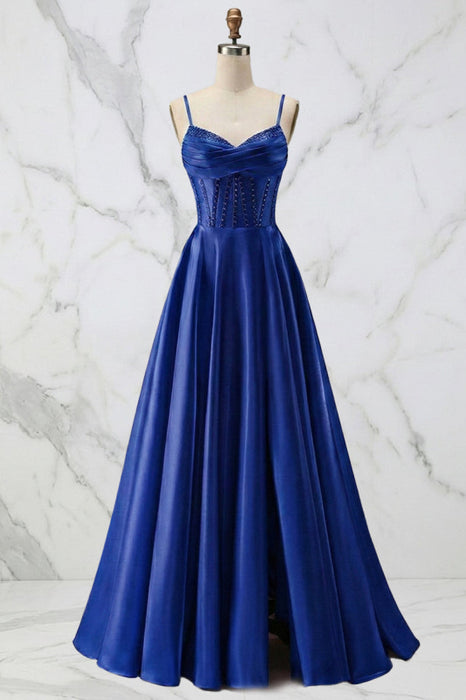 Spaghetti Straps A Line Corset Satin Long Prom Dress with Beaded Boning