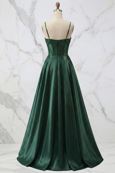 Spaghetti Straps A Line Corset Satin Long Prom Dress with Beaded Boning