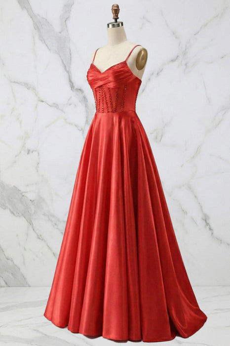 Spaghetti Straps A Line Corset Satin Long Prom Dress with Beaded Boning