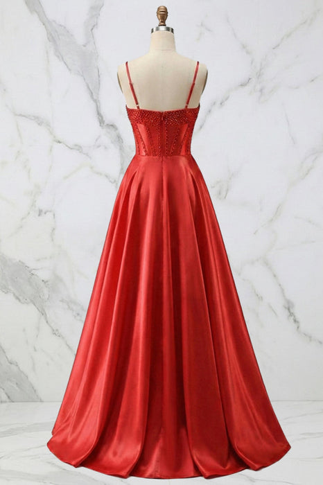 Spaghetti Straps A Line Corset Satin Long Prom Dress with Beaded Boning