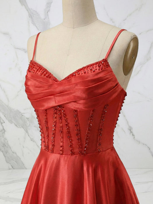 Spaghetti Straps A Line Corset Satin Long Prom Dress with Beaded Boning
